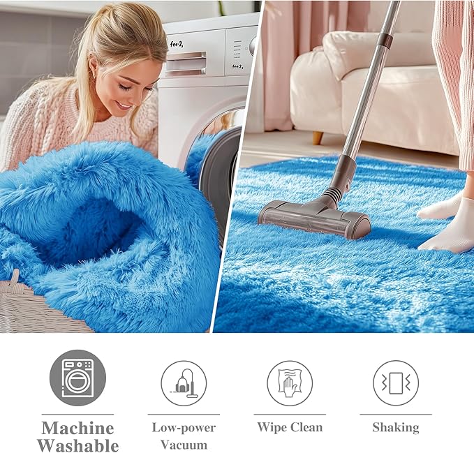 OLANLY Bright Blue Round Rugs for Bedroom - Machine Washable, 8 ft Circle Area Rugs for Living Room, Soft and Fluffy Shaggy Carpet for Teen Girl and Boys, Nursery Rooms, Dorms, Home Decor Aesthetic