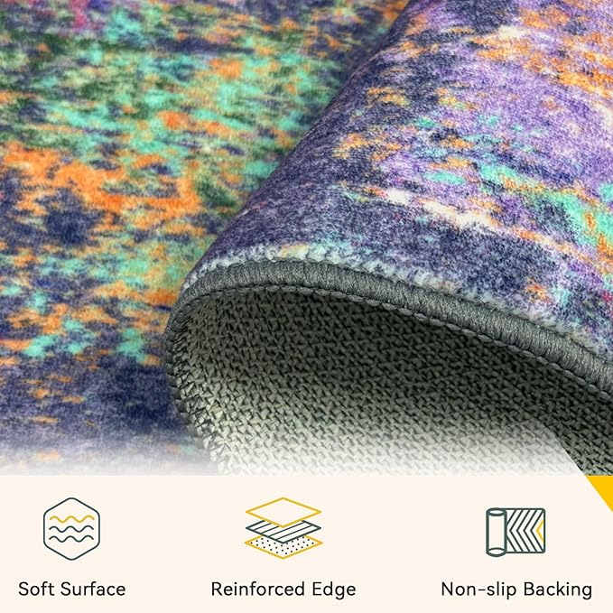 Washable Area Rugs 8'x10' Non-Slip Modern Abstract Soft for Living Room Entryway Bedroom Nursery, Print Pattern, Purple Orange Blue Green Rust Red Colorful