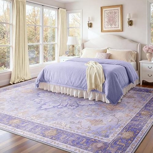 Area Rugs 8'x10' Washable Non-Slip, Floral Vintage Distress Print Pattern Medallion Carpet for Living Room Bedroom Dining Room, Light Purple Brown