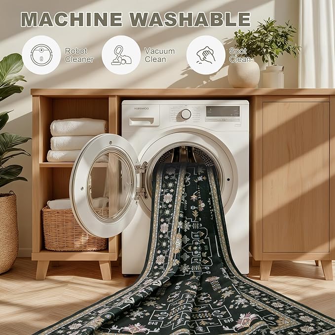 8x10 Area Rugs for Living Room: Washable Rug Soft Vintage Boho Medallion Carpet Indoor Floor Non-Slip Stain Resistant Large Carpets for Bedroom Dining Room Farmhouse Nursery Home Office Black