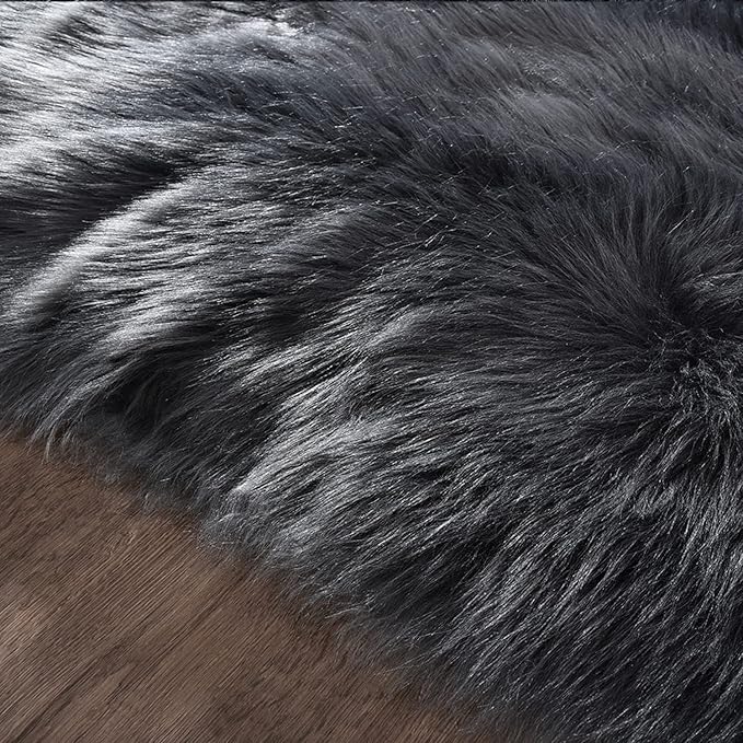 Latepis Dark Grey Faux Sheepskin Fur 2x8 Runner Rug for Hallway Non-Slip Furry Rug for Living Room Carpet for Home Decor Rectangle