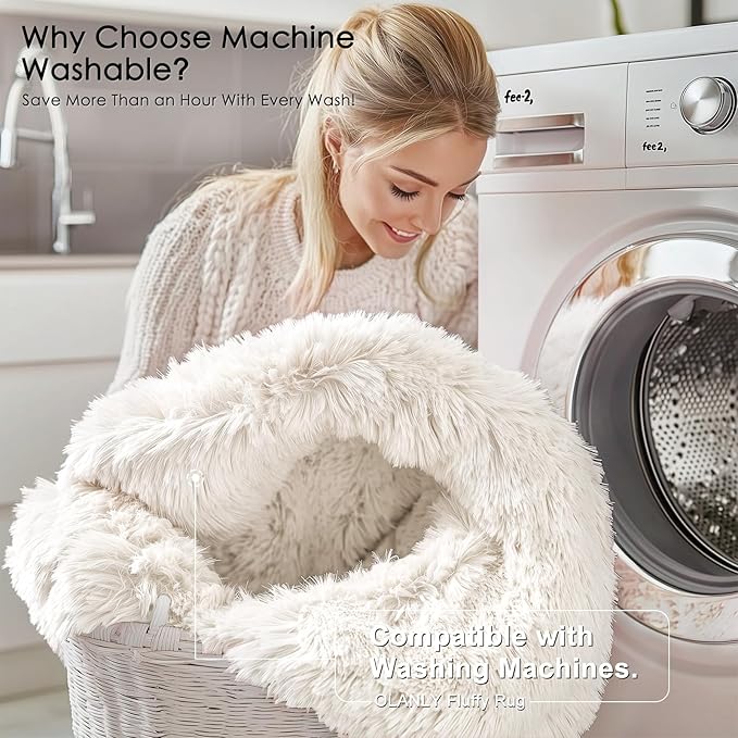 OLANLY 8x8 Machine Washable Large Area Rugs for Living Room, Bedroom, Soft Fluffy Shaggy Bedside Rug, Indoor Floor Carpet for Kids Girls and Boys, Dorms, Nursery, Home Decor Aesthetic, Ivory