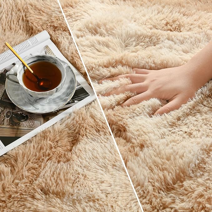 Deerhoo Shag Area Rug, 4 X 6 Tie-Dyed Plush Fuzzy Rugs for Living Room, Ultra Soft Fluffy Furry Rug for Bedroom, Indoor Carpet Nursery Rugs for Kids Room Home Decor, Beige