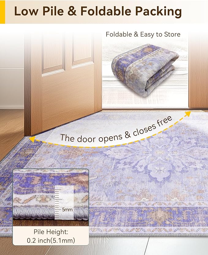 RELEANY Area Rugs 9'x12' Washable Non-Slip, Floral Vintage Distress Print Pattern Medallion Carpet for Living Room Bedroom Dining Room, Light Purple Brown