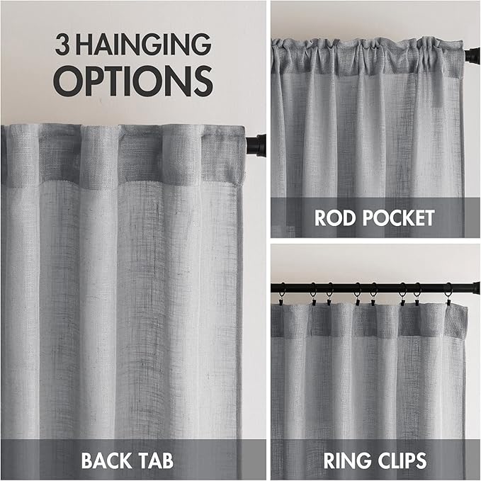MIULEE Grey Linen Curtains 90 Inch Long for Bedroom Living Room, Soft Thick Linen Textured Window Drapes Gray Semi Sheer Light Filtering Back Tab Rod Pocket Burlap Look Decor, 2 Panels