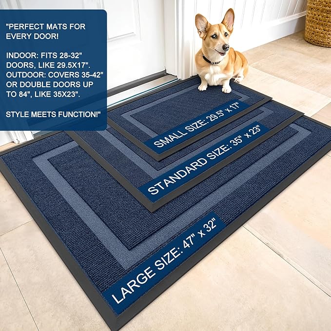 OLANLY Front Door Mat Indoor Outdoor Entrance, Waterproof All-Season, All-Weather Doormat, Sturdy Natural Rubber, Fade Resistant, Low Profile, Easy Clean Patio Porch Entryway Mat, 59x30, Blue