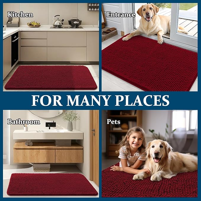 OLANLY Dog Door Mat for Muddy Paws 70x24, Absorbs Moisture and Dirt, Absorbent Non-Slip Washable Doormat, Quick Dry Chenille Mud Mat for Dogs, Entry Indoor Entryway Carpet for Inside Floor, Red