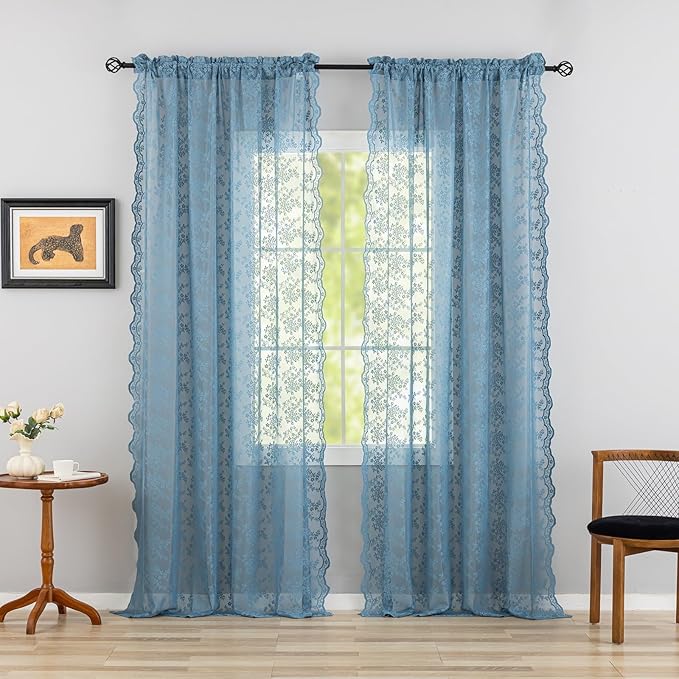 YJ YANJUN Vintage Lace Curtains 102 Inches Long-Victorian Floral Pattern Dusty Blue Boho Floor to Ceiling Sheer Curtain Panels Light-Filtering Rustic Farmhouse Neutral Decor 2 Panels 52W x 102L