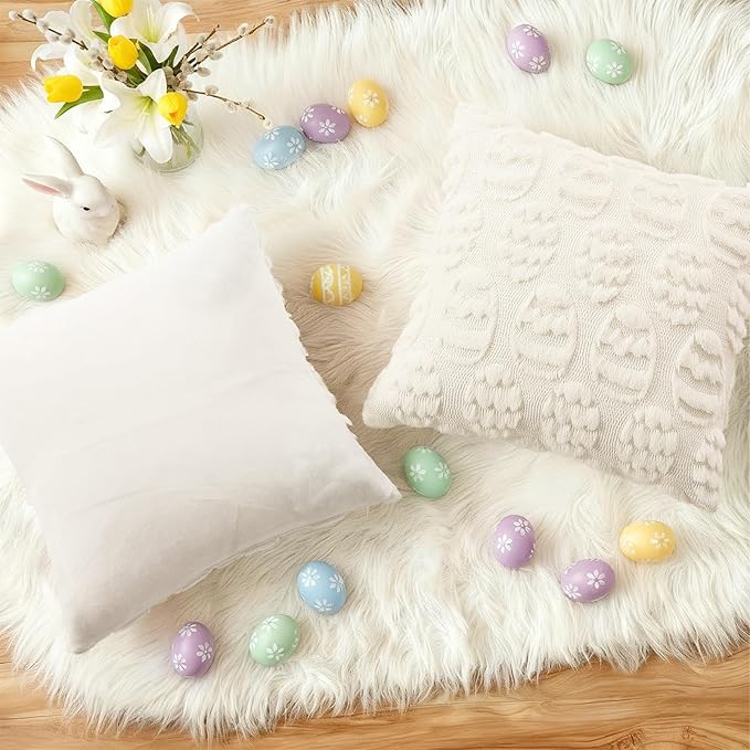 decorUhome Easter Cream White Egg Pillow Covers 16x16 Inch Set of 2, Soft Plush Faux Wool Jacquard Cushion Covers, Farmhouse Neutral Fuzzy Spring Easter Holiday Decor for Couch Sofa Bed
