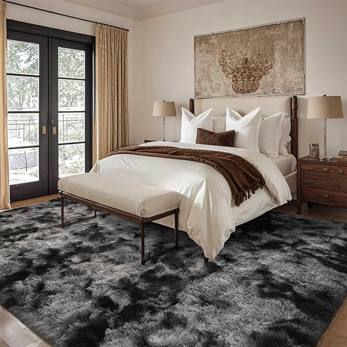 8x10 Ft Extra Large Shag Rugs for Living Room, Tie Dyed Ultra Soft Fluffy Furry Area Rugs for Bedroom Indoor Floor, Aesthetic Carpet for Kids Home Decor (Dark Grey)