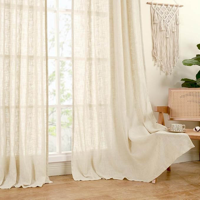 LAMIT Extra Wide Linen Curtains for Bedroom, Natural Light Filtering Faux Linen Textured Panels Semi Sheer Back Tab and Rod Pocket Boho Drapes for Living Room/Farmhouse, 2 Panels, Beige, 60 x 84 Inch