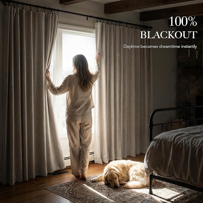 RYB HOME Linen Textured 100% Blackout Curtains for Bedroom, Insulating Energy Saving Window Curtains for Living Room Dining Patio Sliding Glass Door, Wide 52 x Long 108 inch, Beige, 2 Panels