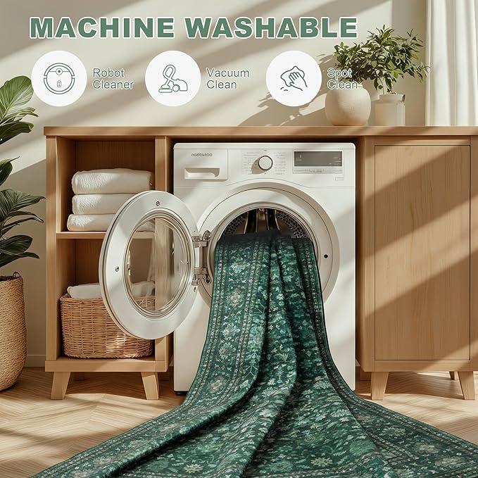 4x6 Area Rugs for Living Room: Washable Rug Soft Vintage Distressed Floral Carpet Indoor Non-Slip Stain Resistant Large Carpets for Bedroom Dining Room Farmhouse Nursery Home Office Deep Green