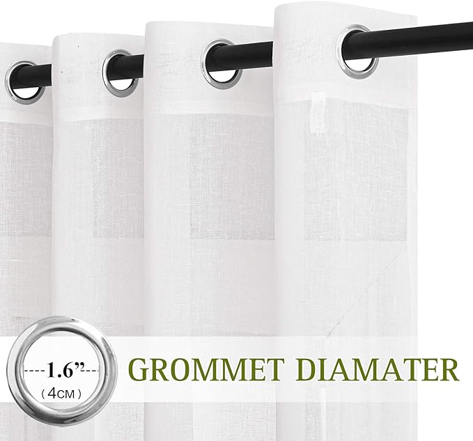 NICETOWN White Linen Sheer Curtains 63 inch Length, Vintage Grommet Linen Textured Semitransparent Privacy Window Treatment Light Filtering for Living Room, 52" W x 63" L, Set of 2