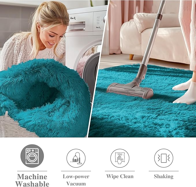OLANLY Teal Round Rugs for Bedroom - Machine Washable, 5 ft Circle Area Rugs for Living Room, Soft and Fluffy Shaggy Carpet for Teen Girl and Boys, Nursery Rooms, Dorms, Home Decor Aesthetic