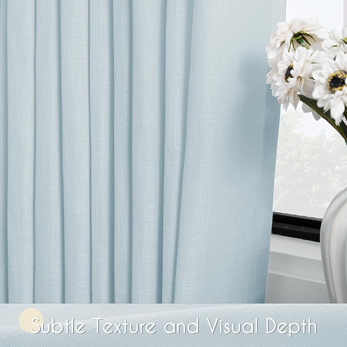 Sky Blue Curtains 96 inch Length for Bedroom Back Tab Light Filtering Semi Sheer Blue Living Room Curtains Linen Cotton Textured Drapery Panel Aesthetic Decor Light Blue 52x96