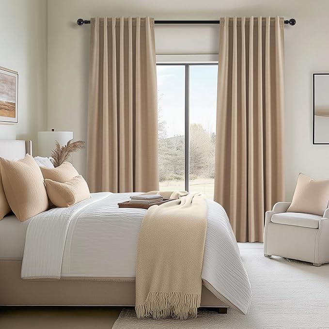 Topfinel Blackout Curtains 92 Inch Long for Bedroom Living Room Linen Textured Farmhouse Room Darkening/Thermal/Noise Reduction Window Treatment Drapes with Hooks 2 Panels, 2x52Wx92L Tan Taupe