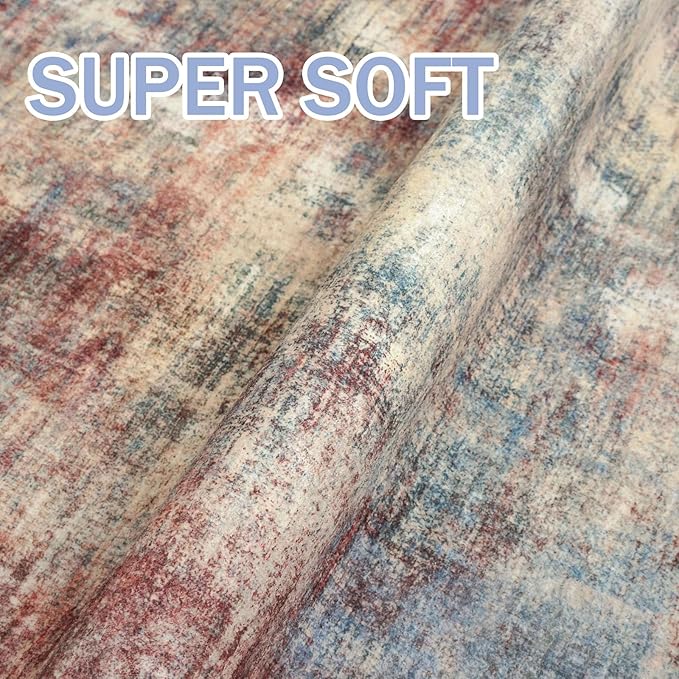 IOHOUZE Abstract Runner Rug 2x12 Ft Washable Runners for Hallways, Non Slip Kitchen Runner Printed Faux Wool Entryway Runner Indoor, Modern Abstract Floor Carpet for Hall Kitchen, Red/Multi