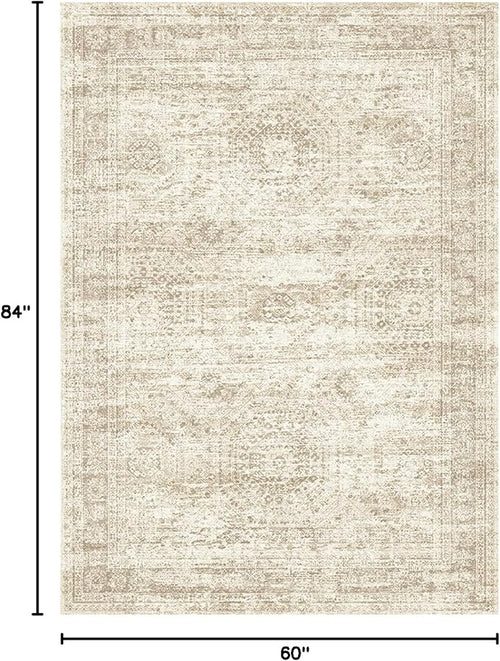 5x7 Area Rugs Beige Low Pile Indoor Washable Trendy Faded Style Rugs for Bedroom Living Room Dining Room Foldable Non-Slip Thin Print Home Office Mat