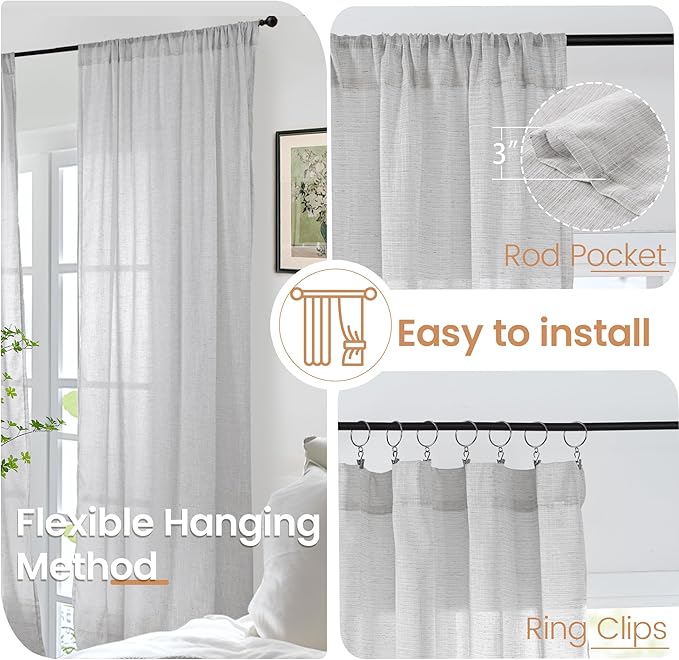 BGment Light Grey Short Linen Curtains 36 Inch Length for Window - Rod Pocket Small Drapes Light Filtering for Cafe Bedroom Decorative Lightweight Natural Rustic, 2 Panels Set, 30 X 36 Inch