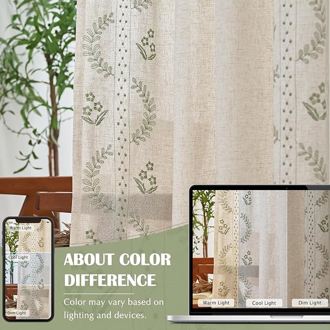 jinchan Belrose Linen Curtains for Bedroom Floral Curtains 108 Inch Length Linen Blend Sage Green Embroidered Drapes Farmhouse Flower Patterned Drapes for Living Room Window Treatments Set 2 Panels
