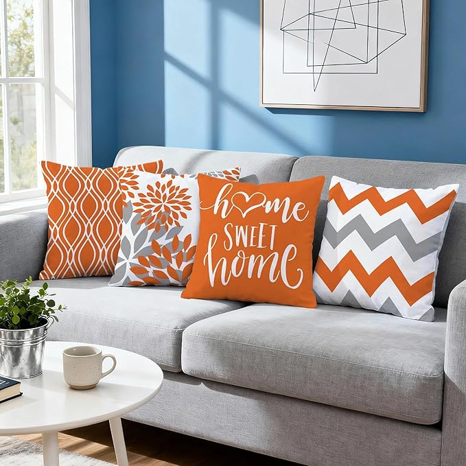Hexagram Geometric Orange Pillow Covers 16x16 Set of 4, Decorative Outdoor Boho Modern Throw Pillow Covers, Home Sweet Home Farmhouse Cushion Case for Couch Sofa Bedroom Indoor Decor(No Insert)