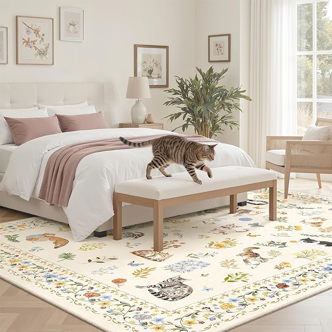 Soalmost Cat 6x9 Area Rugs for Living Room, Machine Washable Animal Floral Vintage Rug Non-Slip Low Pile Soft Throw Rugs for Bedroom Dining Room Kitchen Nursery Playroom (6 x 9,Beige)