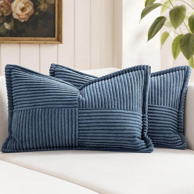 MIULEE Blue Corduroy Lumbar Pillow Covers 12x20 Inch 12x20 Inch with Splicing Set of 2 Soft Boho Pillow Covers Broadside Decorative Textured Summer Coastal Pillowcases for Couch Bed Livingroom