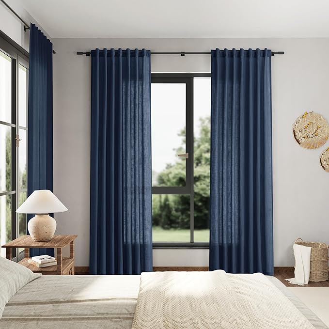 Denim Blue Linen Curtains 102 Inches Long Rod Pocket Back Tab Drapes 2 Panels Set for Living Room Sheer Light Filtering Semi Sheer Denim Blue Curtain 102 Length for Patio Sliding Glass Door 52x102