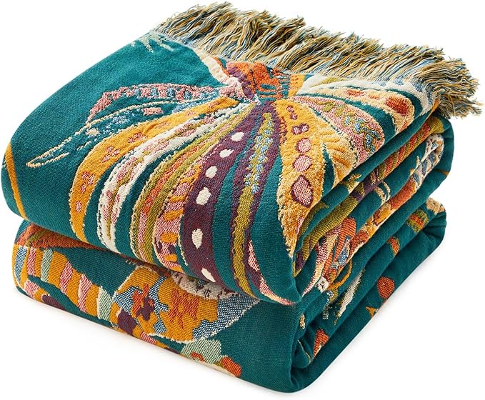 MSGKV Boho Throw Blanket for Bed Twin Size 100% Cotton Floral Blanket 60"x80" Couch Blankets Muslin Spring Breathable All Seasons Lightweight Farmhouse Blankets Home Decor