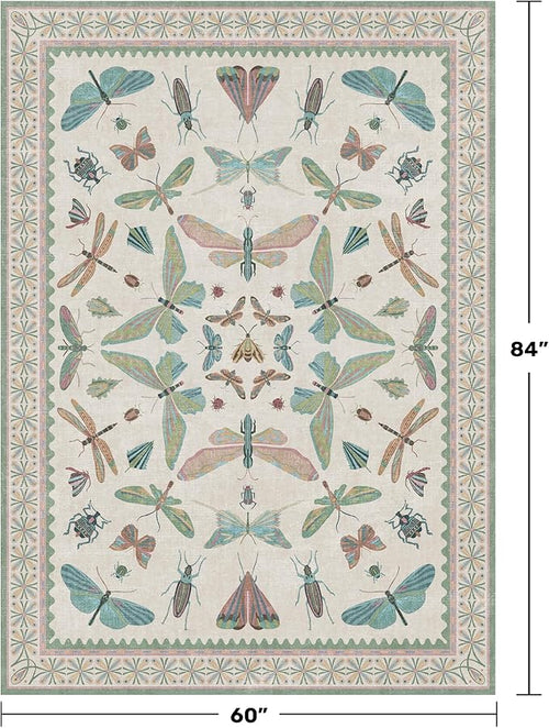 5x7 Pink and Green Nursery Rug - Colorful Rug for Playroom, Bedroom, Living Room, Insect Butterfly Floral Non-Slip Soft Carpet