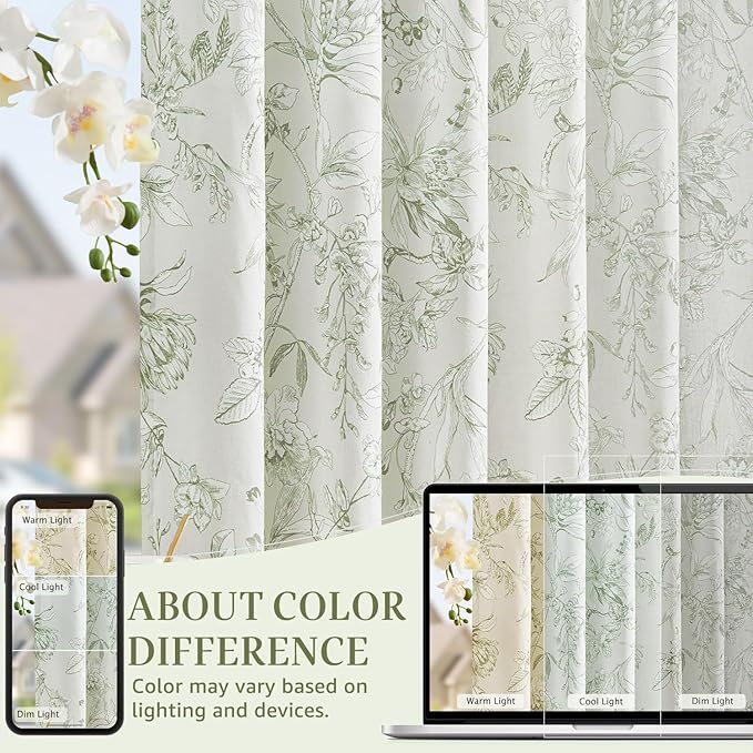 jinchan Floral Curtains 108 Inch Length Sage Green Flower Linen Farmhouse Curtain for Living Room French Country Vintage Curtain Rod Pocket Curtains Set 2 Panels Floral Printed