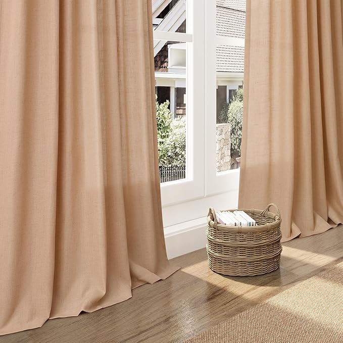 Nanspring Camel Linen Curtains 63 Inches Length 2 Panels Set for Living Room Back Tab Pocket Light Filtering Semi Sheer Drapes Modern Farmhouse Cotton Linen Textured Window Curtain 52X63 Inches