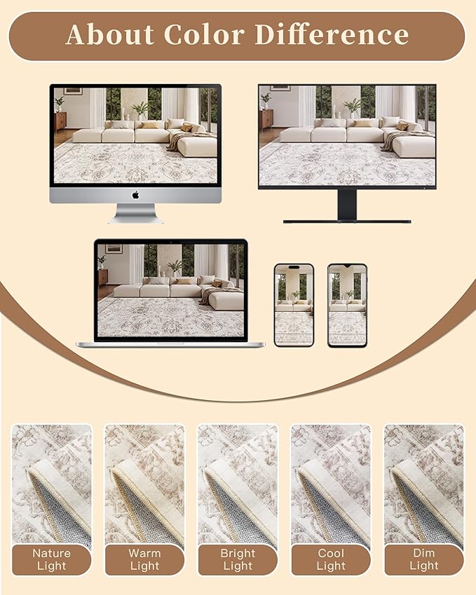 Madane 9x12 Area Rugs for Living Room, Machine Washable Rug with Non-Slip Backing, Soft Vintage Large Area Rug, Floral Print Floor Carpet for Bedroom Dining Room (9 x 12, Brown/Ivory)
