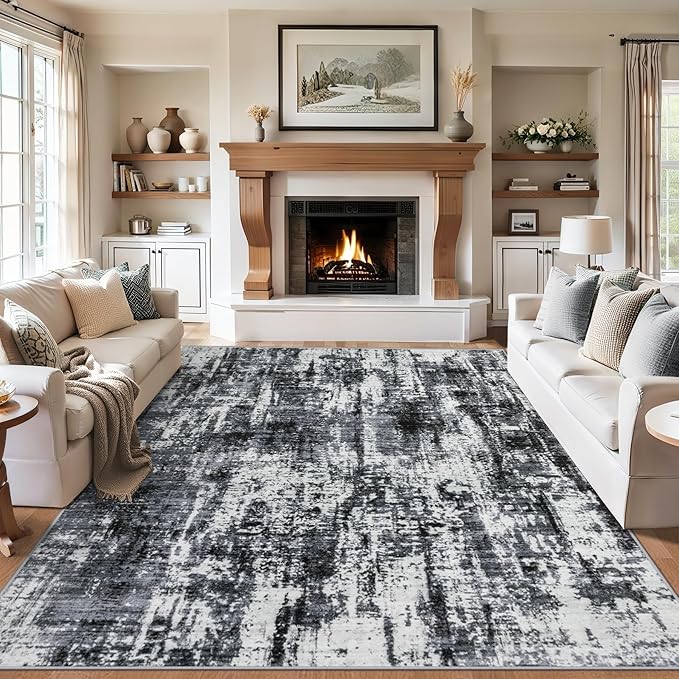 6x9 Area Rugs for Living Room - Washable Rug Modern Abstract Soft Large Neutral Non-Slip Carpet Indoor Floor Thin Carpets for Bedroom Dining Room Farmhouse Nursery Home Office Black