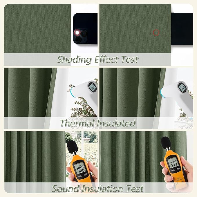 Guken Olive Green 100% Blackout Curtains 72 Inch Length 2 Panels Set for Living Room Bedroom Back Tab Thermal Insulated Black Out Linen Drapes Room Darkening Window Curtains 72 Inches Long