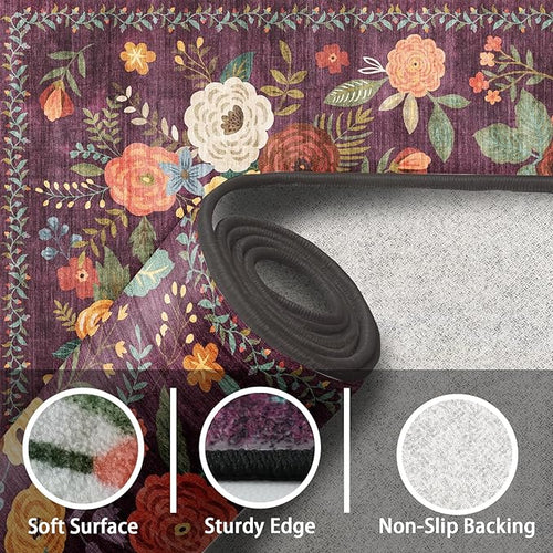 Area Rugs 9x12 Living Room Washable Rug Non Slip Floral Low Pile Large Rug for Living Room, Bedroom, Farmhouse, Dining Room, Kids Playroom(Purple Lawn, 9 x 12)