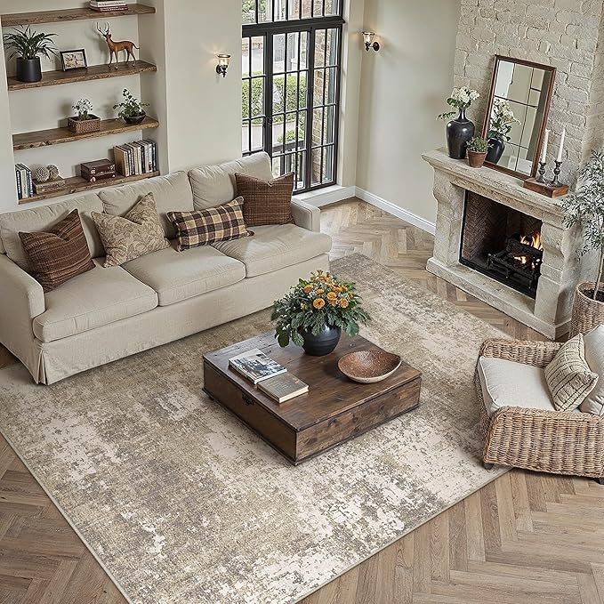 Beige Area Rug 8x10 Machine Washable Modern Abstract Living Room Carpet Non Slip Neutral Low Pile Soft Non Shedding Bedroom Contemporary Large Rug Indoor Office Dining Room Playroom