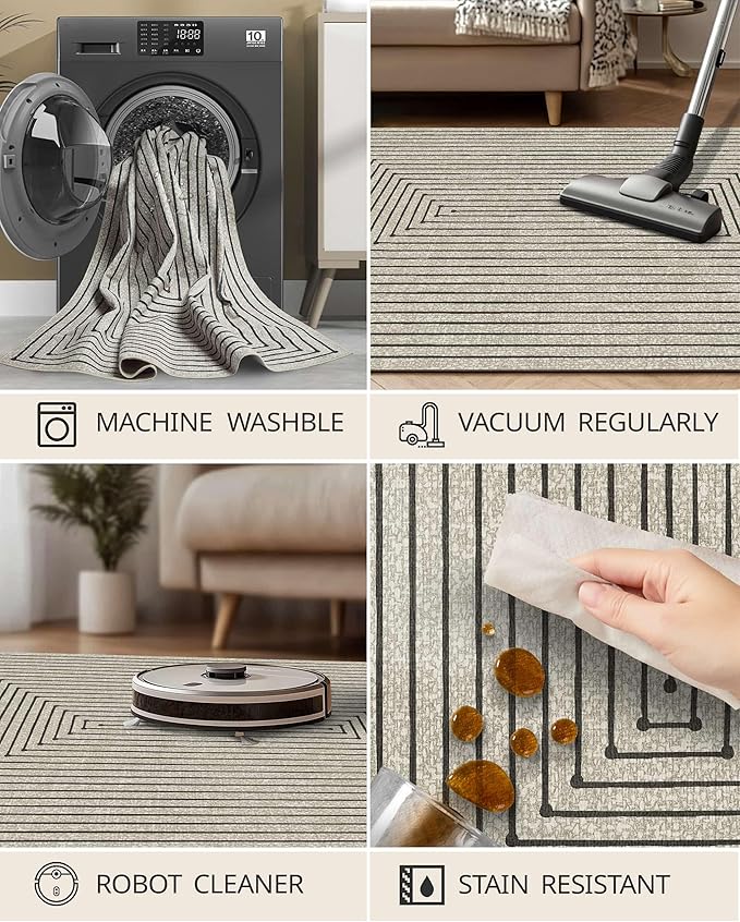 Latte&Fog 9x12 Area Rug for Living Room, Extra Large Beige Modern Abstract Washable Rugs, Boho Non Slip Low Pile Carpet for Indoor Bedroom Dining Room, Office, Dorm, Classroom and Farmhouse - Beige