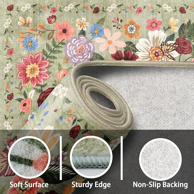 Green Living Room Rugs, Area Rugs 5x7 Rug for Bedroom Ultra-Thin Soft, Non-Slip Washable Rugs Stain Resistant Boho Rug Low-Pile Throw Rug for ‎Dining Room Office (5 x 7, Green Garden)