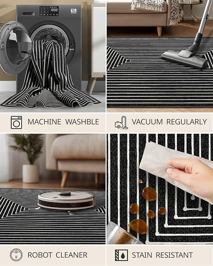 Latte&Fog 9x12 Area Rug for Living Room, Extra Large Black Modern Abstract Washable Rugs, Boho Non Slip Low Pile Carpet for Indoor Bedroom Dining Room, Office, Dorm, Classroom and Farmhouse