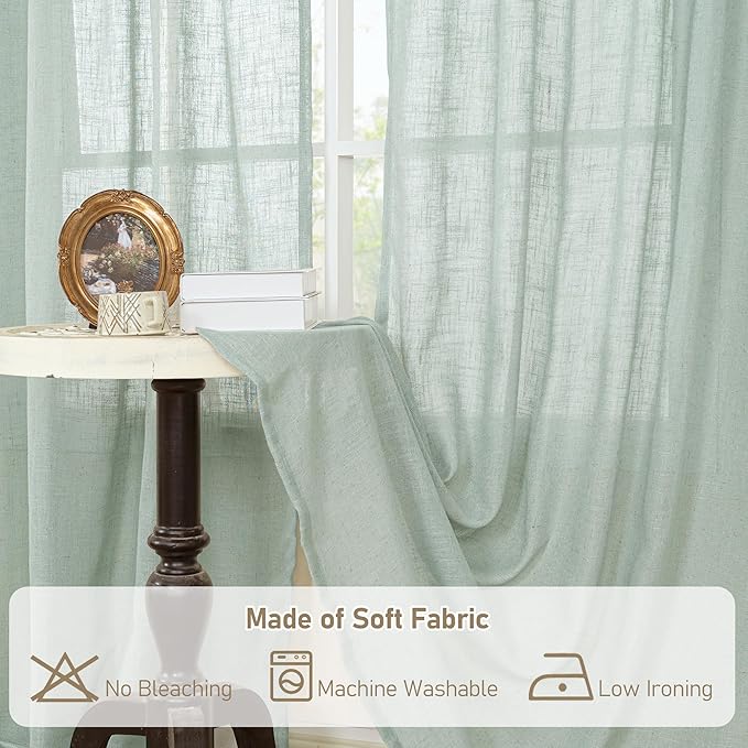 LAMIT 48 Inch Short Window Linen Curtains, Light Filtering Panels Back Tab and Rod Pocket Neutral Drapes for Cafe/Bathroom/Loft Room, Light Sage, 2 Panels, 34 x 48 Inch