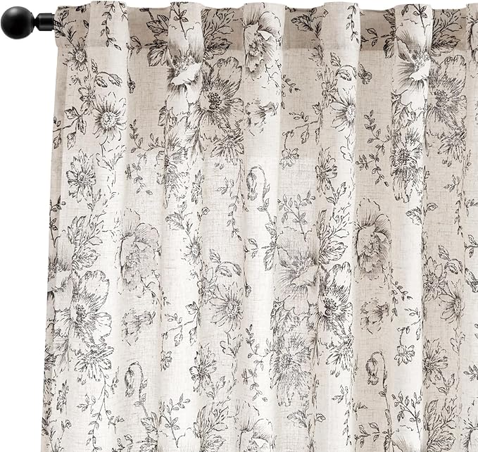 jinchan Linen Blend Curtain Floral Curtains for Living Room 54 Inch Length Black Printed Curtain Rod Pocket Back Tab Farmhouse Peony Flower Patterned Drapes Bedroom Window Curtains Set 2 Panels