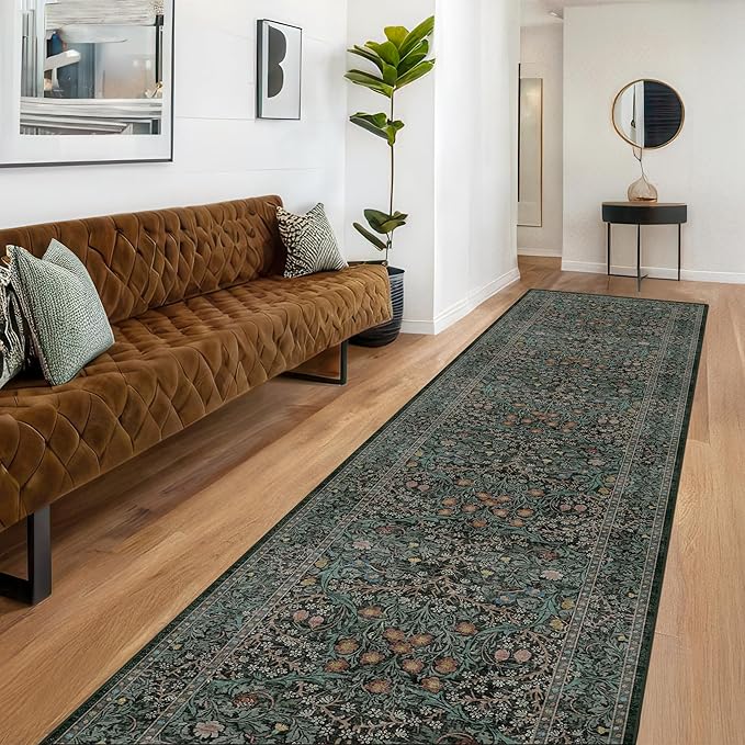Dark Green Washable 3x20 Extra Long Runner Rug for Hallway Non Slip, Large Kitchen Indoor Floor Rugs for Entryway Hall Way, Soft Stain Resistant Low Pile Vintage Floral Carpet