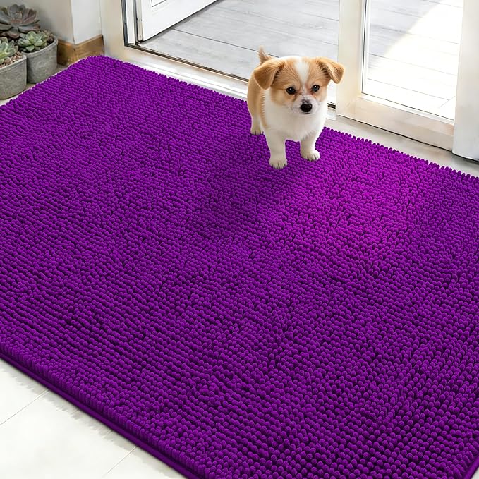 OLANLY Dog Door Mat for Muddy Paws 50x30, Absorbs Moisture and Dirt, Absorbent Non-Slip Washable Doormat, Quick Dry Chenille Mud Mat for Dogs, Entry Indoor Entryway Carpet for Inside Floor, Purple