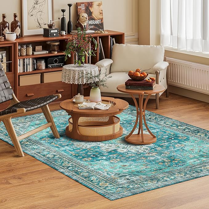 Washable Area Rug 5' x 7' Vintage Traditional Persian Mat - Foldable Distressed Non-Slip Machine Washable Carpet for Living Room Bedroom Kitchen Home Decor - Teal and Gold