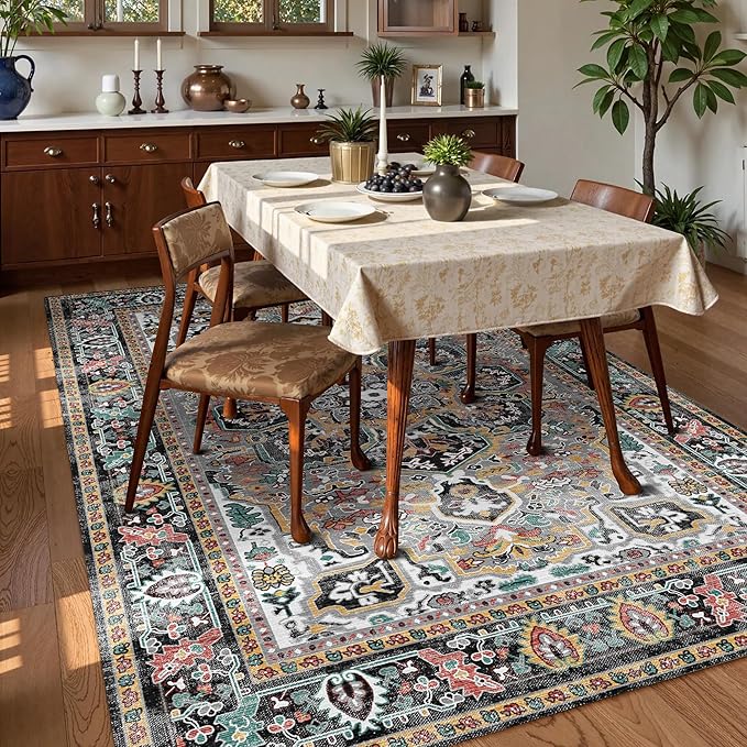 Washable Area Rug 8' x 10' Vintage Traditional Persian Mat - Foldable Distressed Non-Slip Machine Washable Carpet for Living Room Bedroom Kitchen Home Decor - Slate and Multicolor