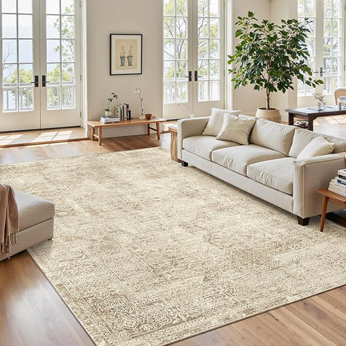 5x7 Area Rugs Brown Low Pile Indoor Washable Trendy Faded Style Floral Rugs for Bedroom Living Room Dining Room Foldable Non-Slip Thin Print Mat