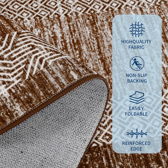 GarveeHome Washable Runner Rug 2x6 Modern Hallway Rug Non Slip Entryway Runner, Geometric Bordered Printed Carpets, Low Pile Thin Foldable Floor Mats, Soft Non Shedding for Kitchen Laundry, Brown