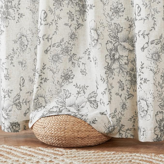 jinchan Linen Blend Curtain Floral Curtains for Living Room 63 Inch Length Grey Printed Curtain Rod Pocket Back Tab Farmhouse Peony Flower Patterned Drapes Bedroom Window Curtains Set 2 Panels